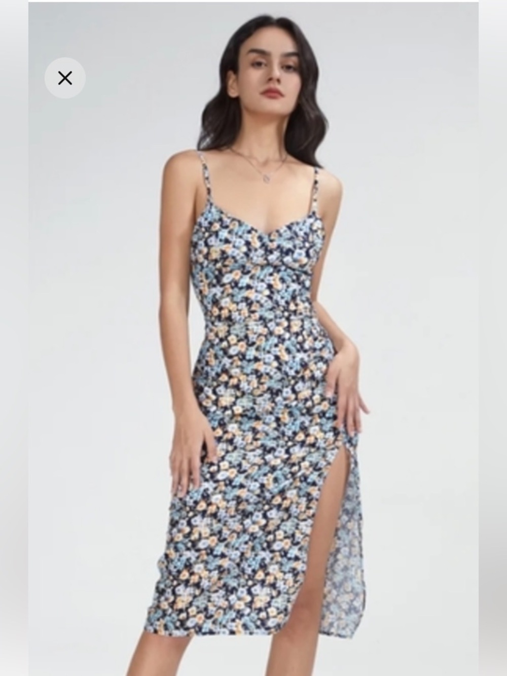 Commense Navy Floral Slip Midi Dress with Peach and Cream Blooms SIZE MEDIUM